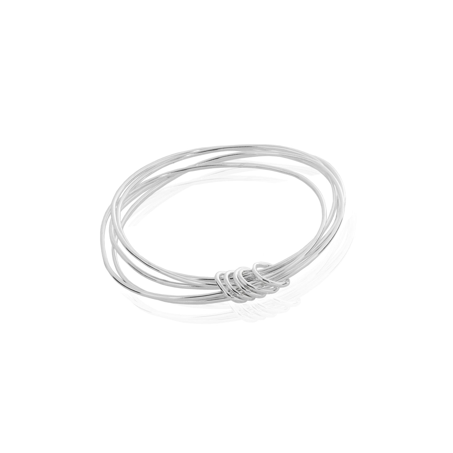 Continuous Circle Bangles (with rings) featuring five individual sterling silver round wire bangles with five small oval sterling silver wire rings attached, handmade in South Australia by Melissa Gillespie Jewellery
