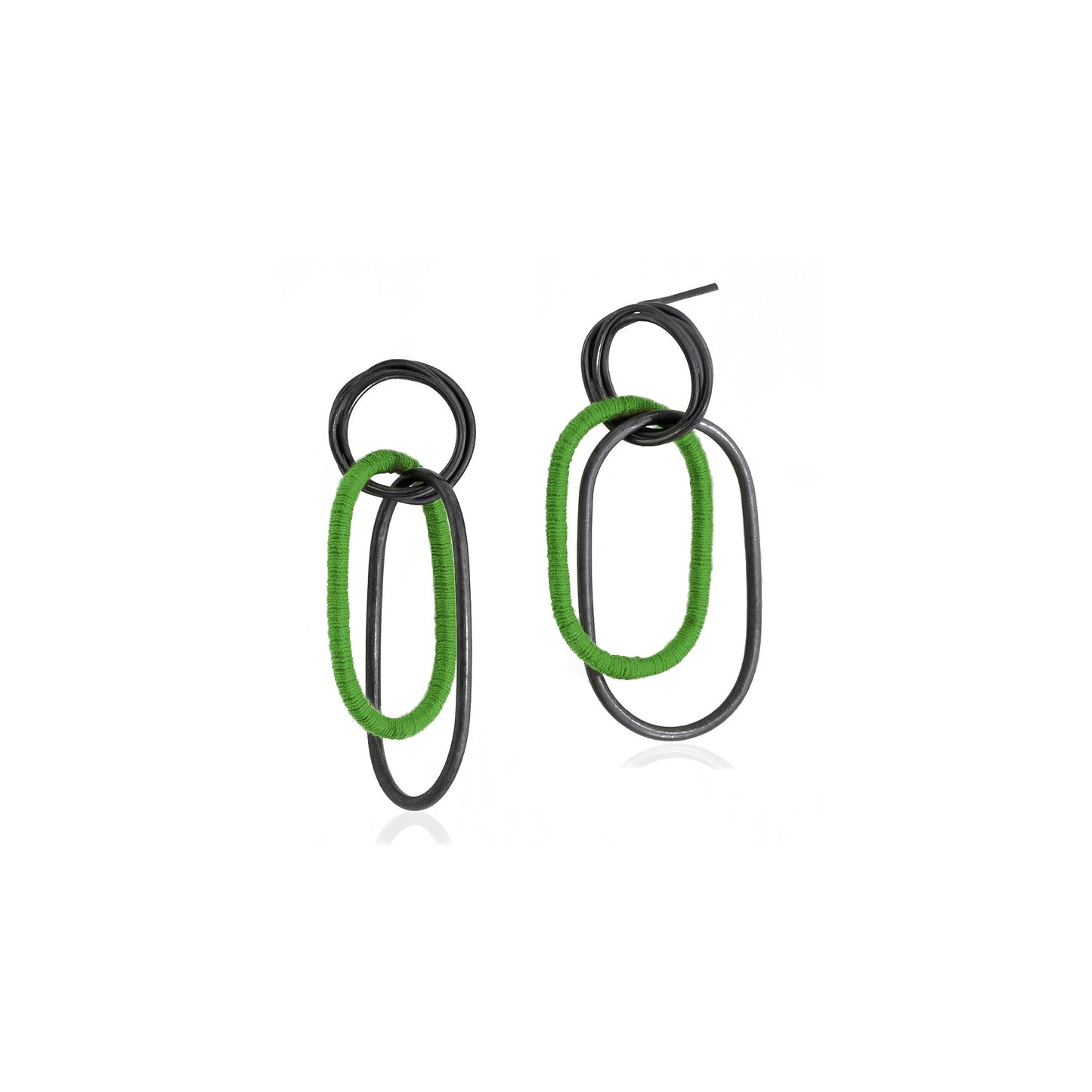 Large Oxidized Sterling Silver Coiled Stud Earrings with interlocking wire dangles, partly wrapped in green cotton thread, handmade in Adelaide, South Australia by Melissa Gillespie Jewellery