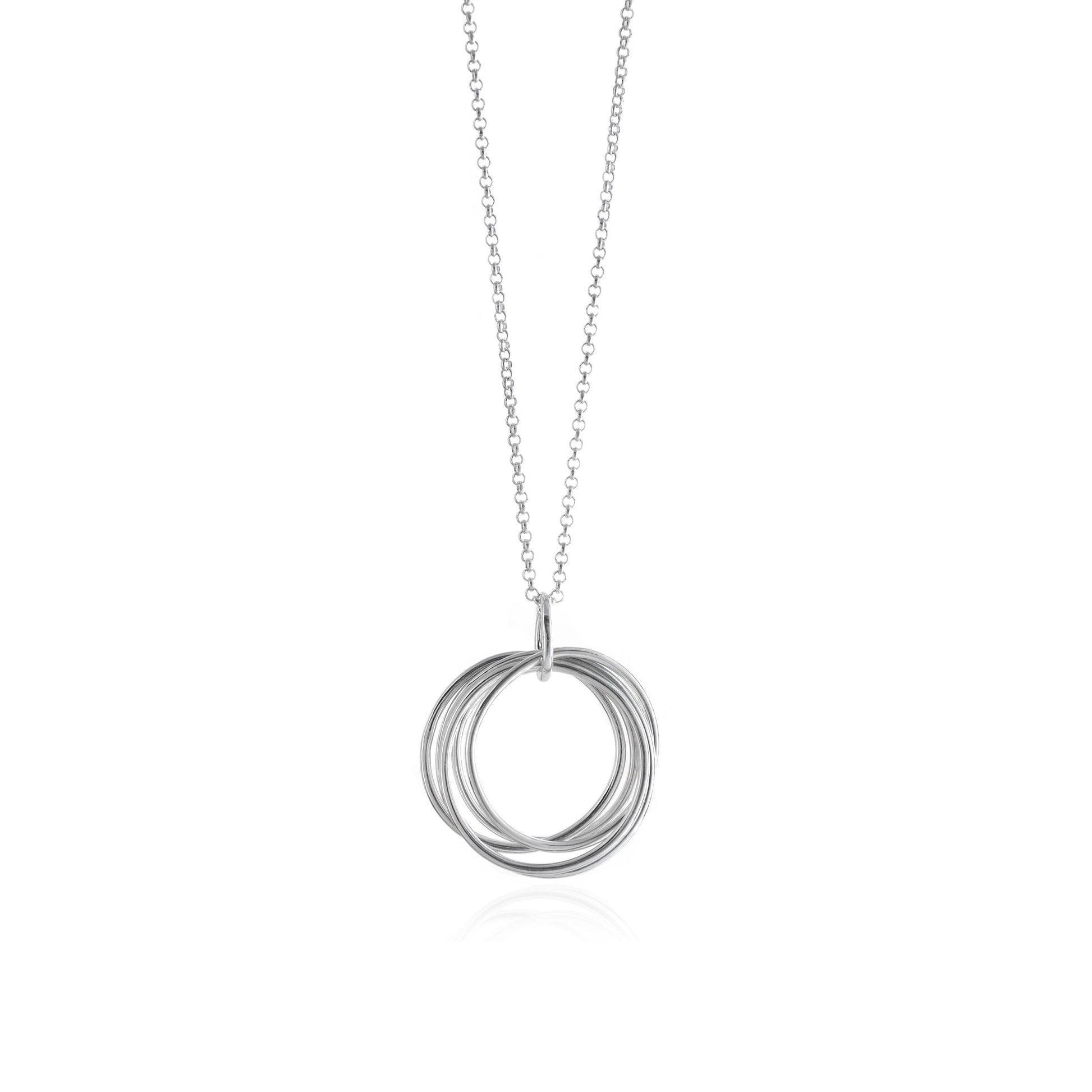 Small Sterling Silver Linked Pendant on Chain features five interlocking wire circles suspended from a belcher style chain, handmade in Adelaide, South Australia by Melissa Gillespie Jewellery