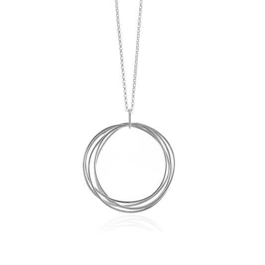 Large Sterling Silver Linked Pendant on Chain features five interlocking wire circles suspended from a belcher style chain, handmade in Adelaide, South Australia by Melissa Gillespie Jewellery