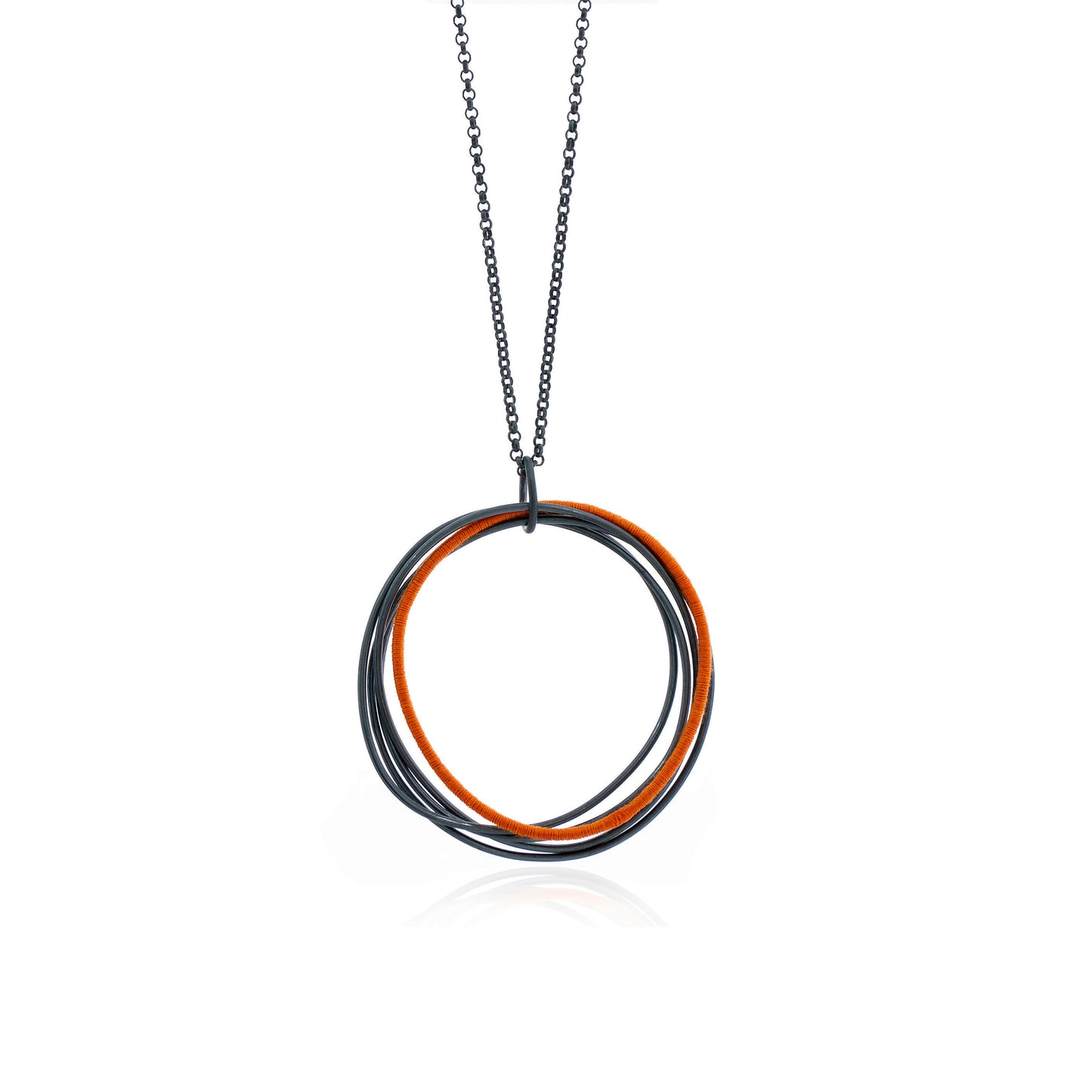 Large Wrapped Orange Oxidized Linked Pendant on Chain features five oxidized sterling silver interlocking circles with one circle wrapped in orange cotton thread, handmade in Adelaide, South Australia by Melissa Gillespie Jewellery