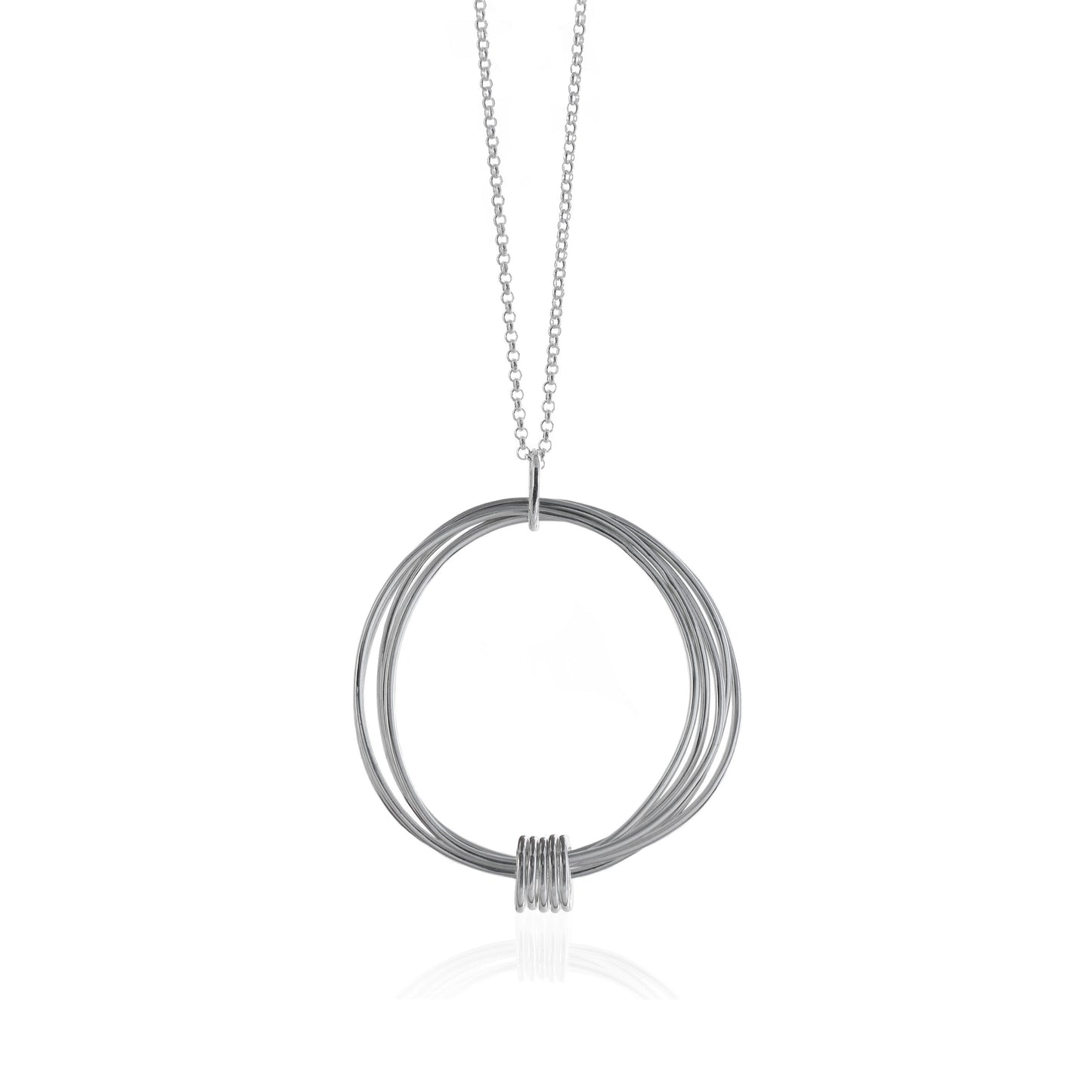 Large Sterling Silver Multiple Linked Pendant on Chain features five interlocking wire circles and five small interlocking wire circles on a belcher style chain, handmade in Adelaide, South Australia by Melissa Gillespie Jewellery