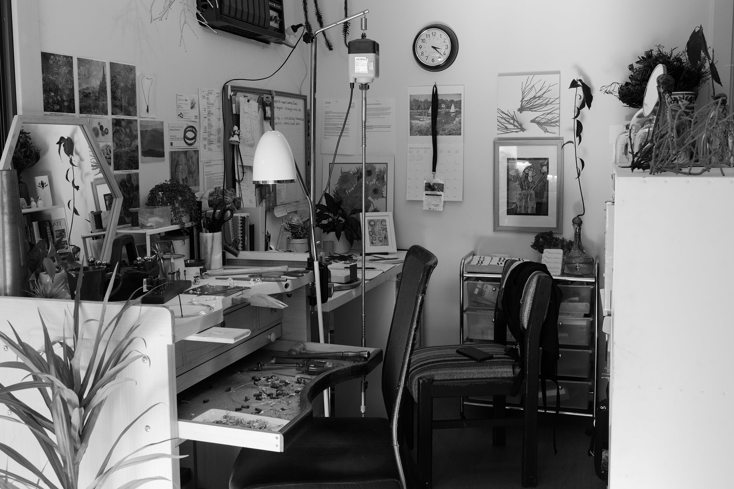 Melissa Gillespie's home-studio featuring her jewellery bench and desk, tools and books, where she creates Sterling Silver Contemporary Jewellery for special gifts for admirers across Australia